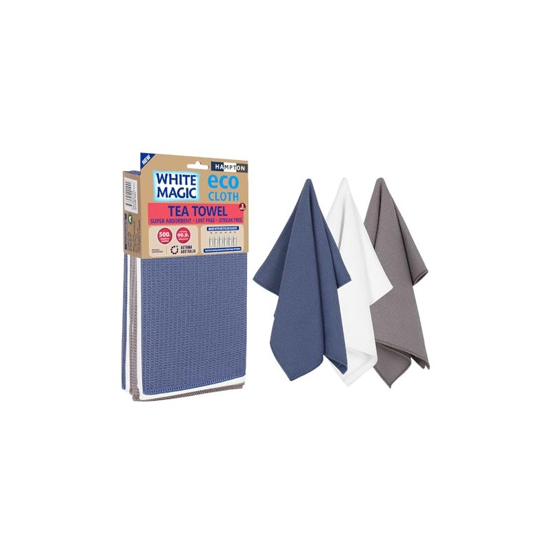 White Magic Tea Towel 3-Pack, Hampton - Superior Absorbency, Versatile