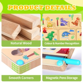 Montessori Toy, Magnetic Game Labyrinth Toy, Dinosaur Magnets Educational Toy, Wooden Toy, Numbers and Colours, Learning Toy, Motor Skills Toy from 3 4 5 6 Years, Gift for Boys Girls