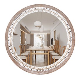 Reflinto 24 Inch Wooden Round Mirror for Wall Decor, Farmhouse Rustic Decorative Circle Mirrors with Beaded Frame, for Bedroom, Bathroom, Living Room, Entryway