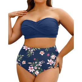Yonique Women Plus Size Two Piece Swimsuits High Waisted Bathing Suits Bandeau Bikini Tummy Control Swimwear, Blue Flower, 14 Plus