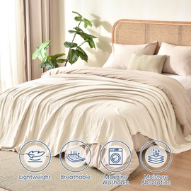 David's Home Ultra Soft Muslin Blanket Queen Size, 60% Rayon Derived from Bamboo 40% Cotton Throw, Cozy Breathable Lightweight Gauze for Bed, Aesthetic Room Decor,Natural