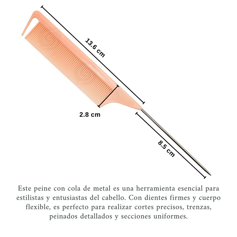 Peine Profesional Cola De Metal, Resistente Calor, Varios Colores (ROSA)