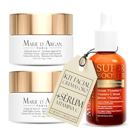 Marie d'Argan Kit Facial Antiedad 3 Piezas, Cremas De Día Y Noche Con Oro 24K 50 g, Sérum Vitamina C 10% 30 ml Con Retinol Y Ácido Hialurónico, Para Firmeza, Hidratación Y Luminosidad