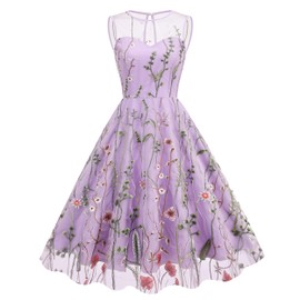 Women Keyhole Floral Embroidery Dress Sheer Mesh Illusion Vintage Homecoming Dresses Summer Sleeveless Tulle Prom Wedding Dress Graduation Fit and Flare A-Line Short Cocktail Party Dress Violet 2XL