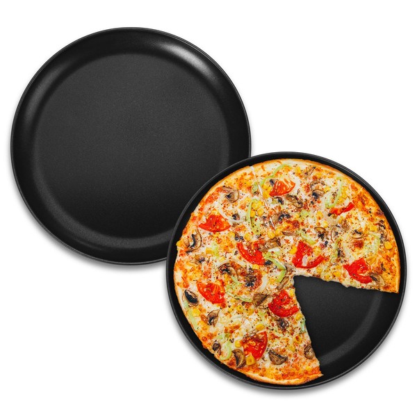 HaWare Pizza Tray Set of 2, 10 inch Stainless Steel Non-Stick Pizza Baking Sheet Pan, Round Oven Tray for Baking/Serving, Less-Stick, Non Toxic & Healthy, Rust Resistant (26cm, Black)