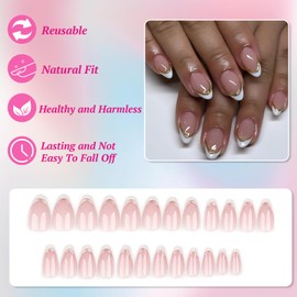 Ceboic Almond False Nails Medium, 24Pcs French White Tip Press on Nails Nude Pink Fake Nails with 3D Gold Stripe Design, Natural Glue on Nails Full Cover Acrylic Oval Stick on Nails for Women Girls