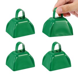 PATIKIL 4pcs Cow Bells for Football Games, 3inch Cowbells for Sporting Events Bulk Loud Noise Makers Metal Cow Bell with Handle for Cheering Competition Marathon Wedding, Green