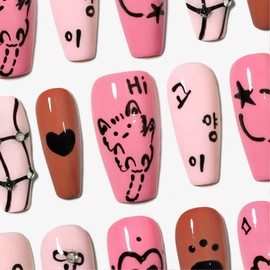 Sun&Beam Nails Handmade Nail Tips, Medium, Long, Coffin Ballerina, White, Black, Pink, False Claws, Hand-painted, Cat Design, Fashionable, Set of 10 (#158 S)