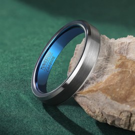 083BASE Unisex Tungsten Ring Black/Silver Blue, 4 mm/6 mm/8 mm Width, Brushed Metal Design, Bevelled Edges, Women's/Men's Jewellery in Various Sizes, Tungsten Carbide