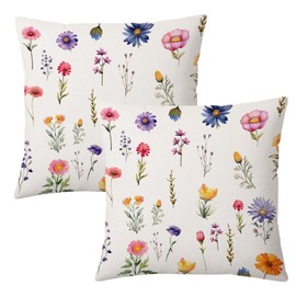 Spring Flowers Throw Pillow Covers 18x18 Set of 2 Seasonal Floral Pillow Covers Watercolor Wildflowers Throw Pillows Decorative Pillow Cases Cushion Covers for Bedroom Livingroom Sofa Farm House