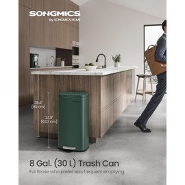 SONGMICS Trash Can with Lid, 8 Gallon Garbage Can, Stainless Steel Small Waste Bin with Step Pedal and Inner Bucket, Soft Close, Kitchen, Retro Green ULTB003C01