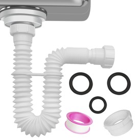 TGEOND Flexible P-Trap 1-1/2""with 1-1/4"" Adapter, Adjustable Sink Drain Pipe Kit for Bathroom Sink and Kitchen Sink, Variable Height Shampoo Bowls, White, 1 Pack