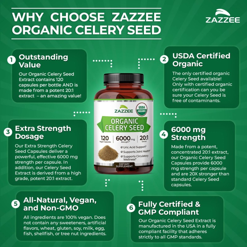 Zazzee USDA Organic Celery Seed 20:1 Extract, 6000 mg Strength,