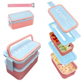 Echehi 1400 ml Lunch Box with Compartments, 2-Layer Integrated Lunch Box, Leak-Proof Lunch Box with Cutlery for Work, School, Picnic, Pink