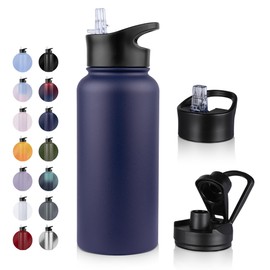UMBFUN Stainless Steel Drinking Bottle – 1 Litre – with Straw, Leak-Proof, Suitable for Carbonated Drinks, BPA-Free Thermos Bottle (+ 2 Lids) Vacuum Double Wall Insulation for Sports, Travel, Camping,