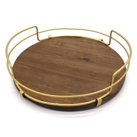 CVHOMEDECO. Decorative Tray with Golden Handle Round Wood Serving Tray with Metal Handles for Breakfast in Bed, Lunch, Dinner, Appetizers, Kitchen, Ottoman, Coffee Table, BBQ and Party