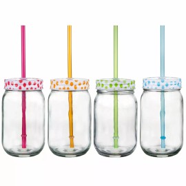 Palais Mason Jar Tumbler Mug w/ Stainless Steel Lid and Decorative Straws, Set 4