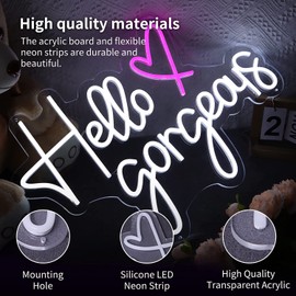 Neon Sign Hello Gorgeous, Neon Sign for Wall Decor with Adapter and Remote Dimmer, Large Hello Gorgeous Neon Light Signs Led Sign for Bedroom Wedding Birthday Party Engagement Valentines (White)