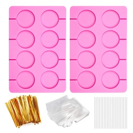 2Pcs Silicone Hard Candy Chocolate Molds, Round Non-stick Silicone Lollipop Sucker Mold Making Kit with 20 Sticks, 20 Count Golden Ropes and 100 Bags, for Candies, Panels, Jellies, Bread, Etc.