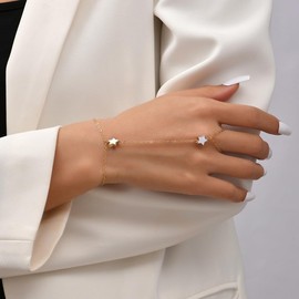 Ring Bracelet Hand Chain Simple Dainty Gold Adjustable Boho Hand Chain Bracelet with Finger Ring Hand Jewelry for Women Dainty Bracelets Set for Women Girls GiftsTrendy Stuff (Star)
