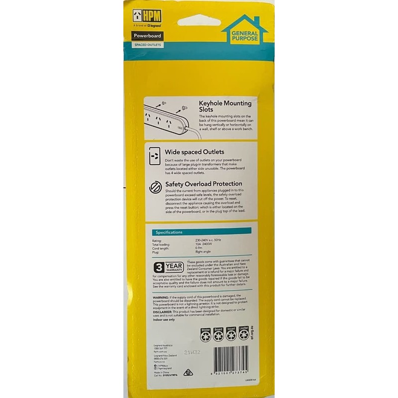 HPM General Purpose 4 Outlet Wide Spaced Powerboard