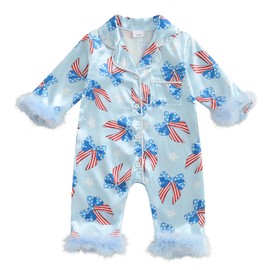 woshilaocai Baby Girl Button Down Romper Bow Strawberry Fuzzy Cuff Long Sleeve Jumpsuit Spring Summer Clothes (Stars Stripes Bow,12-18 Months)