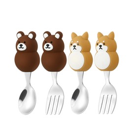 Toddler Utensils Baby Fork and Spoon Set with Case Food Grade 18/10 Stainless Steel Kids Silverware for Self Feeding Flatware with Cute Handle, 12 Months+ (2 pack, Bear&Dog)
