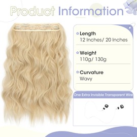 TESS Long Invisible Wire Hair Extensions, 20'' WavyHair Extensions with Transparent Wire, 110g Adjustable Synthetic Hair Pieces for Women, Bleach Blonde