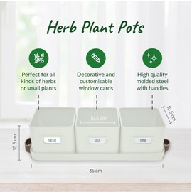 volila Herb Planter Indoor - Set of 3 Warmstone Indoor Herb Garden Pots for Plants with Leather Handled Tray - Window Sill Plant Shelf - Herb Pots with Drainage Holes and Labels