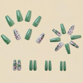 24 Pcs Spring Press on Nails Medium Coffin- ZIFANHU Green Fake Nails Press ons Nail Art Tip Full Cover Acrylic False Nails with Cute Flower Design Glue on Nails for Women Manicure Decoration