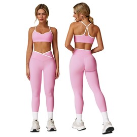 ABOCIW Workout Sets for Women 2 Piece Color Block Strappy Sports Bra Crossover High Waist Leggings Gym Sets Woman Yoga Pilates Outfits Athletic Work Out Clothes Pink Small