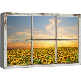 NWT Canvas Print Wall Art Window View Sunset Spring Summer Sunflower Flower Field Nature Wilderness Photography Modern Art Rustic Decorative Colorful Scenic for Living Room, Bedroom, Office - 16x24