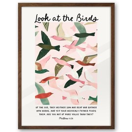 EcoHest Walnut Color OAK Wood Framed Wall Art, 12x16in Matthew 6 Look At the Birds of the Air Bible Verse Christian Wall Art, Modern Bedroom Decor For Living Room Bathroom Religious Gift 1Pack