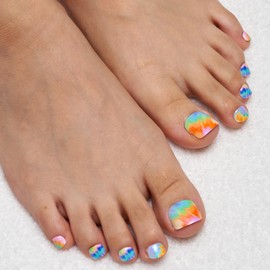 GLAMERMAID Tie Dye Press on Toenails Short, Color Toes Nails Press on with Design, Glue on Toe Nails Kit for Women, Reusable Fake Toenails Set, Acrylic Manicure Stick on Toenails Tip for Spring Summer