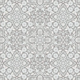 Norwall FH37544 Floral Tile Prepasted Wallpaper, Grey, Blue, Dove, Light Grey, Grey