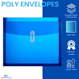 1InTheOffice Poly Envelopes Expandable Plastic Clear Envelope with Button & String Closure, Letter Size, Assorted Colors, 5 Pack