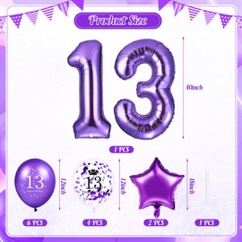 13th Birthday Balloon Decorations 40 Inch Large Number 13 Birthday Star Balloons Purple Teenager Confetti Latex Balloons for Girls Boys Teenager Party Decorations 13 Year Old Anniversary Supplies