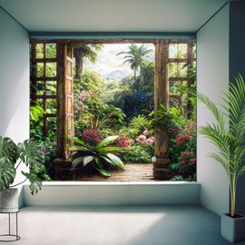 Sabrikas Let Your Creative Spirit Run Free Tropical Window View Mural Garden Tapestries Backdrop using 3D Shower Curtain Waterproof Material