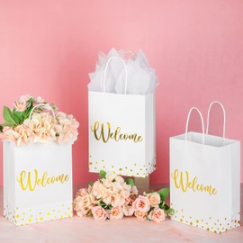Geyoga 30 Pcs Welcome Gift Bags with Tissue Paper Gold Welcome Wedding Bags with Handle Welcome Kraft Paper Tote Bags for Business, Birthday, Shopping, Wedding, Baby Shower, Party Favors (White)