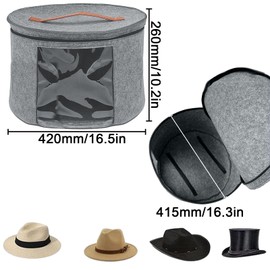 Rierousy Hat Box Round Grey Foldable Hat Storage Boxes Fabric with Lid and Zip, Leather Handle, Transparent Window, Hat Box 42 x 25 cm