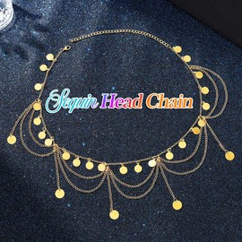 Aukmla Sequin Boho Head Chain Gold Layred Headpiece Hair Chains Festival Costume Headband Hair Accessories for Women
