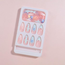 Almond Press on Nails Medium 3D Flower Fake Nails Blue White French Tip False Nails with 3D Flower Gradient Designs Nude Nail Press ons Glossy Glue on Nails Cute Stick on Nails for Women 24Pcs