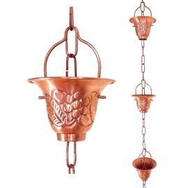 Rain Chains by JASINC 8.5 ft Grape Leaf Vineyard Cups Pure Copper, to Replace Roof Gutter Downspout, with Installation Kit, Rainwater Catcher/Water Diverter, JAS8005C