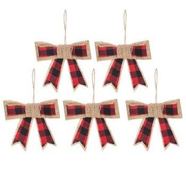 HAPPY DEALS ~ Juego de 5 Adornos de búfalo Negro y Rojo a Cuadros y Arcos de arpillera – Adornos de Estilo rústico de Granja