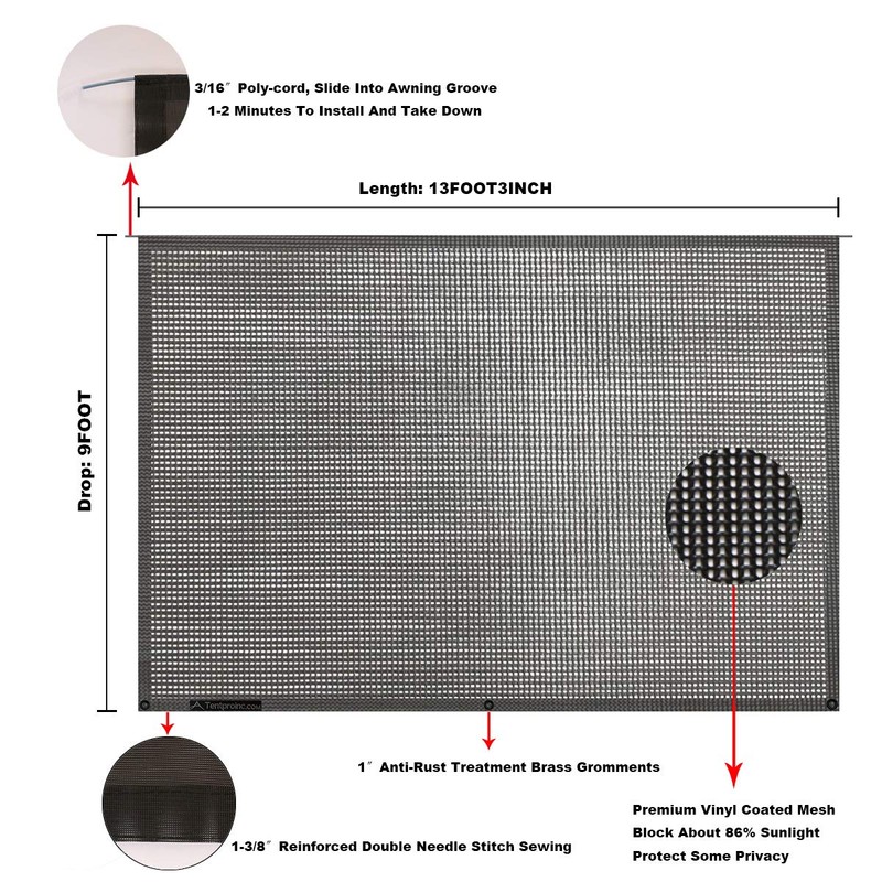Tentproinc RV Awning Sunshade Screen 9'X13'3''- Black Mesh Sun Shade