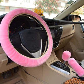 Flauschige Lenkradhülle, Riloer Plüsch Auto Schutzhülle für Lenkrad Handbremse Schaltknauf, Winter Warming Kits, Schwarz/Beige/Grau/Rosa