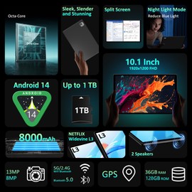 POWMUS 2025 Latest Android 14 Tablets,10 Inch Tablet with 24GB RAM 128GB ROM Expand 1TB,8000mAh Battery, FHD LCD Screen,Support 5G WiFi/BT5.0/GPS, 2 in 1 Android Tablet with Keyboard Gray