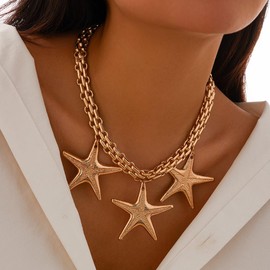 Yheahin Chunky Gold Necklace for Women Punk Big Heart Starfish Charm Choker Necklace Trendy Cuban Link Chain with Heart Pendant Y2k Concert Beach Party Jewelry (Starfish - Gold)
