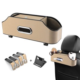 ALI2 Car Back Seat Organizer with 2 Drink Cup Holder, Tissue Box and Storage Box, Car Organiser-PU Leather, Suitable for Children and Adults,Car Travel Accessories（Beige）