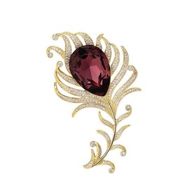 EMEGCY Ruby Feather Brooch Pin 18k Gold Plated Peacock Feather Rhinestone Brooch Crystal Brooch Dress Accessories for Women